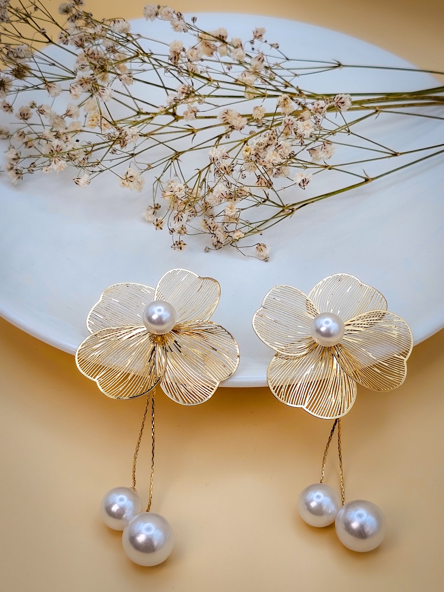 Pearl Flower Tassel Drop Earrings